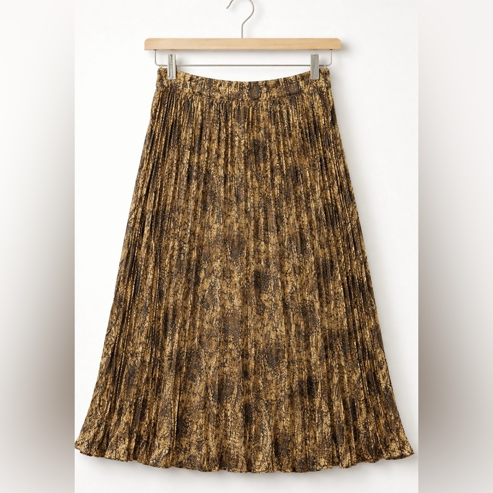 June & Hudson Snake Print Pleated Midi Skirt Brown Black Side Zip S